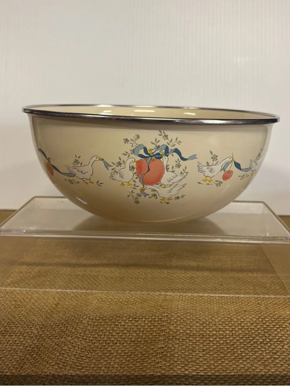 90’s Country Geese Enamelware 8” Marmalade Design Bowl with metal rim